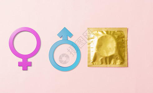 包装袋中的避孕套和男女性别标志金子男性女性怀孕控制教育安全梅毒包装药品图片