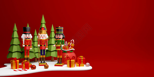 圣诞横幅胡桃夹子与圣诞礼物在松林 3d 它制作图案图片