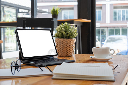 数字片片片 空白白屏幕 键盘 工作空间桌上的咖啡杯办公室展示桌子网络技术桌面药片职场手机电脑图片