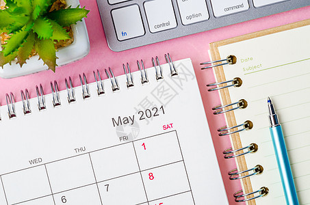 2021年5月的日历和注解本植物桌子规划师计划日记备忘录时间表数字办公室商业日常的高清图片素材