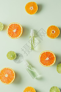 面色背景上美味天然柑橘质的平底成份温泉植物血清润肤美丽产品治疗身体化妆品水果多汁的高清图片素材