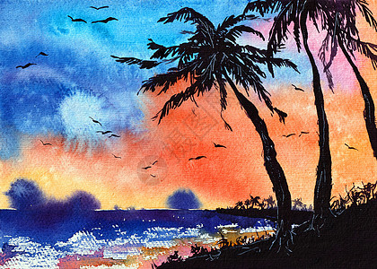 棕榈树水彩插图原创艺术热带海滩艺术绘画在纸上 在橙色黑色和蓝色颜色的日落 可用于墙纸打印和背景图片