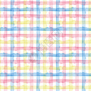 格子水彩抽象黄色粉色蓝色条纹背景 织物纺织品和纸张的酷无缝检查模式 简单手绘条艺术刷子手工装饰品孩子墨水中风绘画染料孩子们图片