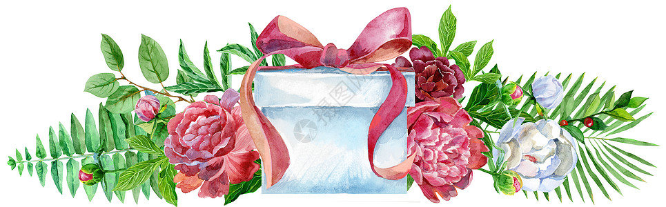 与礼品盒和牡丹的水彩 对于或背景插图花园明信片框架植物群植物学横幅植物礼物花瓣图片