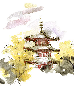 带有日本建筑的景观房子旅行艺术建筑学绿色植物墨水文化寺庙草图灰阶图片