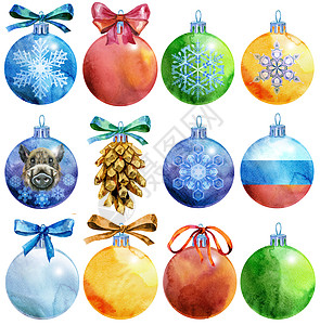 水彩圣诞树球或您的创意庆典涂鸦星星玻璃季节假期邀请函装饰卡片圆圈图片
