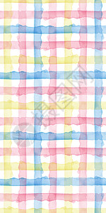 格子水彩抽象黄色粉色蓝色条纹背景 织物纺织品和纸张的酷无缝检查模式 简单手绘条孩子们染料中风绘画装饰品彩虹插图刷子孩子手工图片