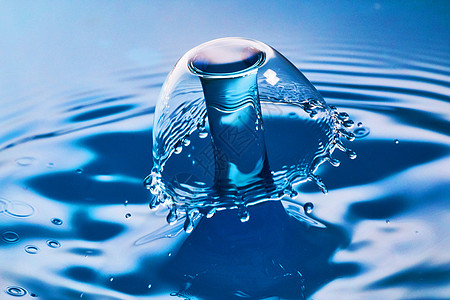 蓝色水上两个水滴与波纹相撞图片