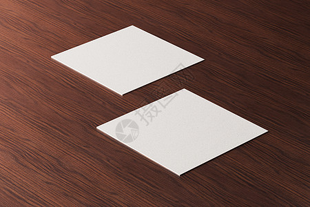 木制棕色桌子背景上的白色方形纸制名片样机 品牌展示模板印刷图形设计 两张卡片模拟 3D插画渲染笔记横幅营销长方形邮政正方形纸板木图片