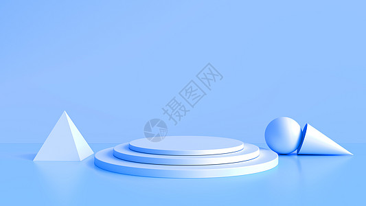 白色产品站在蓝色背景上 抽象的最小几何概念 工作室讲台平台主题 展览和商业营销展示阶段 3D插画渲染平面设计推介会圆圈广告架子圆图片