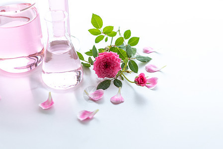 白色木桌上的玫瑰水疗护理 医疗保健和身体疗法按摩放松概念 美丽和健康的主题 纯天然提取物和医学主题温泉植物芳香产品洗剂凝胶奶油治图片
