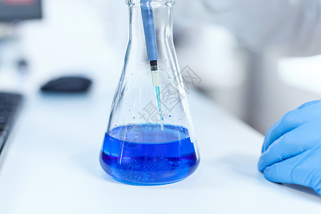 科学实验室雇员在实验室酒瓶中检查液的化验室药瓶;图片