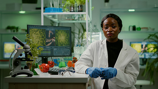 一名植物学家在网上视频电话中解释植物实验的女植物研究家Pov测试科学农业管子团队食物液体女士生物学生态图片