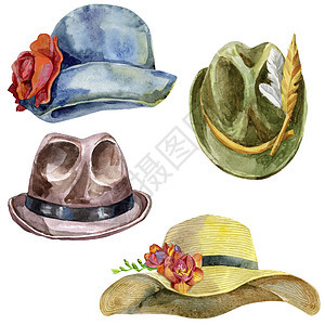 白色背景上一套水彩色的帽子插图配饰羽毛裙子女性配件纪念品女士水彩高山魅力图片
