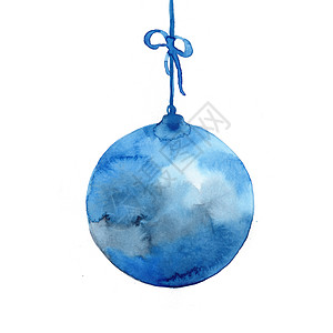 手绘圣诞装饰蓝色的水彩抽象圣诞球 松树背景的装饰元素 新年假期圆圈玩具 艺术手绘图案上惠特孤立玻璃卡片装饰品风格海报派对白色绘画背景