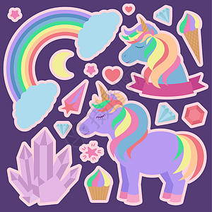可爱的独角兽和其他元素 在深紫背景上的一组插图 用于贴纸和更多图片