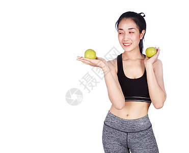 苹果白底白底绝缘的绿苹果健康体健壮妇女身体女孩食物饮食营养女性水果重量微笑运动背景