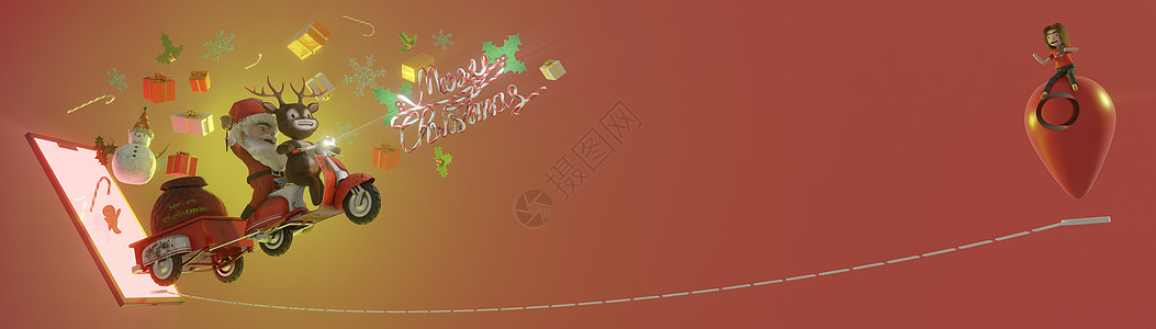 3d 插图 圣诞促销模板 在线购物的概念圣诞老人和鹿一辆老式滑板车 徽标和文本的复制空间贺卡摩托车销售礼物卡片假期卡通片驯鹿新年图片