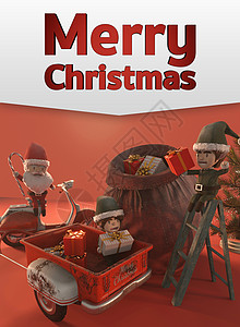 圣诞老人海报3d 插图 圣诞促销模板 在线购物的概念 圣诞老人和小精灵一辆老式滑板车 徽标和文本的复制空间礼物海报摩托车明信片新年雪花问候语背景