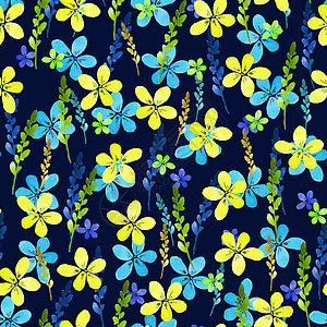 无缝花纹与水彩蓝色黄色花朵和叶子在背景上的复古风格   手工制作的 华丽的纺织面料 自然插图 绘画元素图片