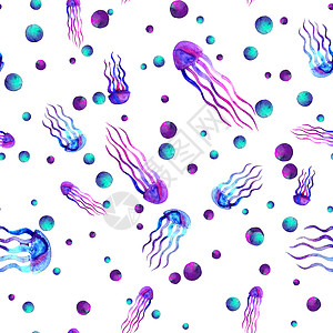 手绘水母 水彩图案 海无缝元素 白色背景上的设计 不寻常的和现代的 用于纺织品壁纸 蓝粉色紫罗兰野生动物风格游泳艺术草图潜艇动物图片
