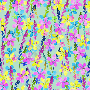 无缝花纹与水彩蓝色粉红色黄色花朵和叶子在背景上的复古风格   手工制作的 华丽的纺织面料 自然插图 绘画元素花园打印植物艺术乡愁图片