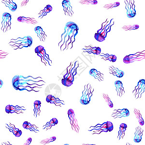 手绘水母 水彩图案 海无缝元素 白色背景上的设计 不寻常的和现代的 用于纺织品壁纸 蓝粉色紫罗兰插图假期艺术品卡片海洋海洋生物潜图片