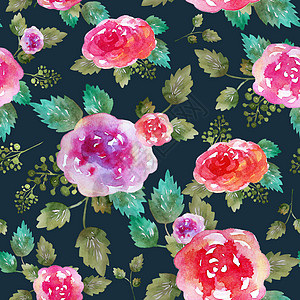 复古花卉无缝图案与月季花和叶子 无休止的纺织壁纸打印 手绘水彩元素 美容花束 粉红色 深色背景上的绿色织物花园雏菊墙纸水彩画玫瑰图片