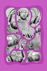 流行艺术风格的拼贴画 戴着耳机和太阳镜的时髦大胡子时髦 DJ 在智能手机播放器应用程序中收听流媒体音乐 当代艺术海报 狂欢音乐夜图片