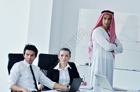 阿拉伯商务人员在会议上发言推介会电脑男人桌子经理女孩木板女性伙伴工作图片