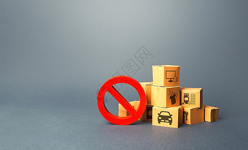 盒子和红色禁止标志 NO 商品生产过剩 需求不足 制裁和禁运 产品交货短缺 在线交易业务的过渡 市场变化与适应图片