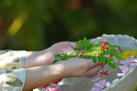 女性的手和水中的花花瓣福利美甲芳香指甲手指药品护理玫瑰奢华图片