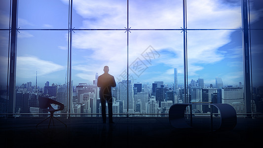 在办公室窗户上 一个男人从上面看城市建筑 3D铸造图片