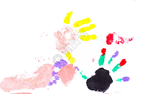 彩色的手脚打印手指童年墨水染料创造力棕榈彩虹蓝色身份绘画图片