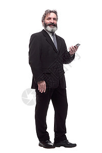 带着智能手机的快乐的胡须商务人士 在白色上被孤立信用商业成人男人胡子人士成功男性工作室技术图片