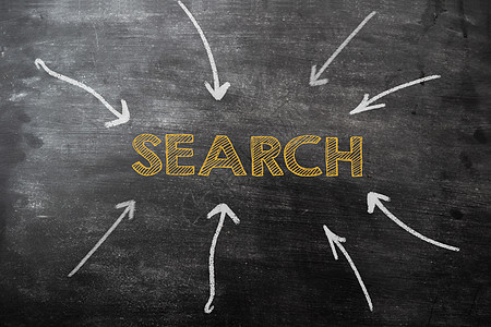箭头指向黑板中央的“搜索”一词 在 Internet 上搜索网站和信息的方法 在 Web 上搜索结果 搜索概念营销高清图片素材
