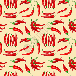 黄色背景上红辣椒荚无缝图案的数字插图厨房食物绘画香肠卡通片红色绿色辣椒墙纸香料图片