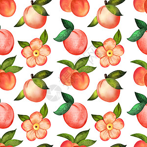 水彩水果白色背景下桃花的插图数字水彩无缝图案甜点纺织品叶子织物打印墙纸装饰品风格包装食物背景