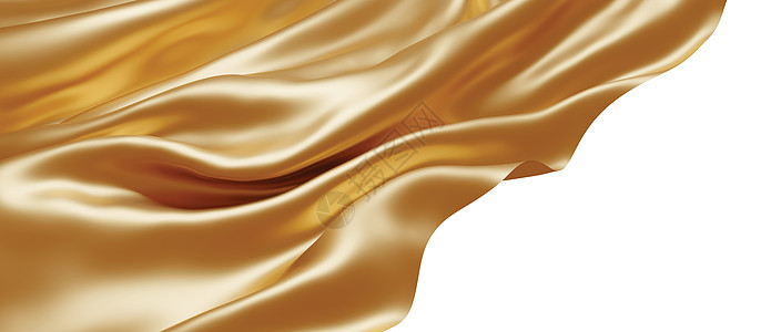 白色背景 3D 仁德在风中飘扬的金色织物横幅丝绸渲染插图纺织品奢华材料布料墙纸反射图片
