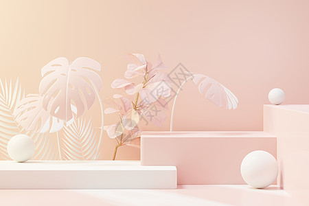 3d 以热带树叶和珊瑚粉色糊状植物场景的抽象先天讲台展示 广告产品和宣传概念 蓝面自然背景 Blue化妆品包装奢华平台目录装饰品图片