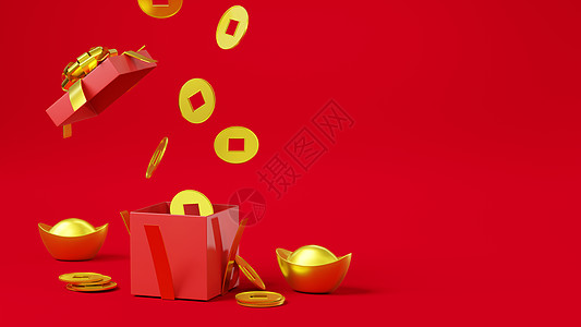 中国新年日庆节概念 金财富硬币掉到红礼盒上 打开红礼盒图片