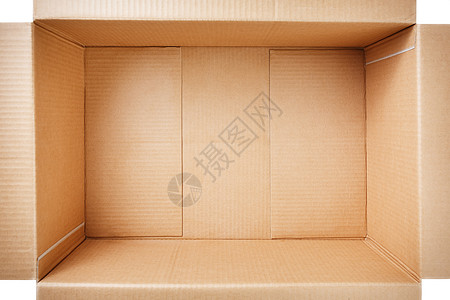 打开在白背景上孤立的纸板框 顶视图礼物正方形回收运输瓦楞包装打包机展示命令贮存图片