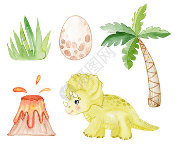 白色背景上隔绝的水色恐龙和棕榈 火山和白蛋插图图片