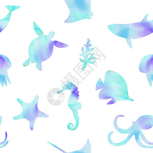水彩蓝色水下动物和鱼类剪影在白色背景上的无缝图案 用于织物 婴儿纺织品 剪贴簿 包装 墙纸印刷图片