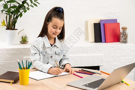小女孩在家做家庭作业 使用笔记本电脑屏幕学校头发桌子互联网长椅女性童年快乐婴儿图片