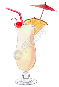 手绘鸡尾酒红雨伞和菠萝鸡尾酒 白底隔离在白色背景上背景