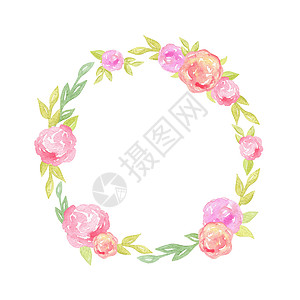 白底 东边装饰品 弹簧卡上分离的粉色和绿色元素所吸引的水彩手圆花圈装饰圆圈花园手绘植物绘画风格卡片婚礼插图图片