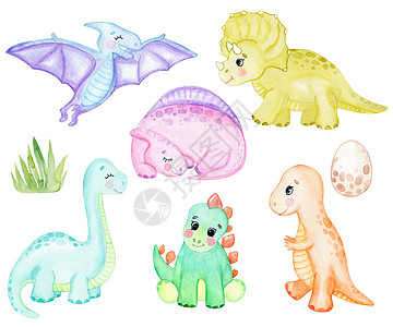 水彩可爱恐龙在白色背景上被孤立 对于婴儿育婴装饰 婴儿淋浴 生日派对图片