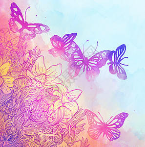 彩色天空美丽的背景 有蝴蝶和花朵 涂有水彩色土壤绘画飞行插图天空艺术曲线鸢尾花植物植物学背景