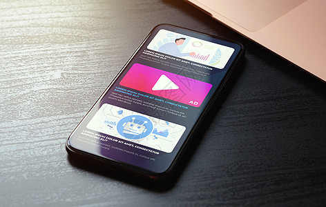 本机在线广告概念 程序化定向广告营销策略 在笔记本电脑旁边的木桌上的智能手机屏幕上 网站上的广告媒体横幅块图片